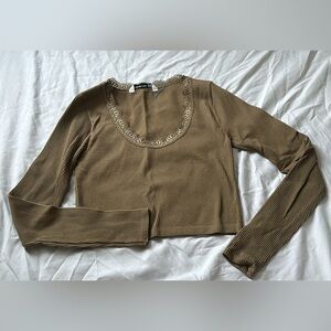 brown crop top with lace detail